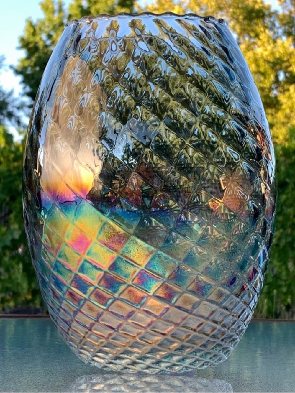 Spanish Iridescent Embossed Diamond Pattern Recycled Glass Large Table Vase - Picture 2 of 9